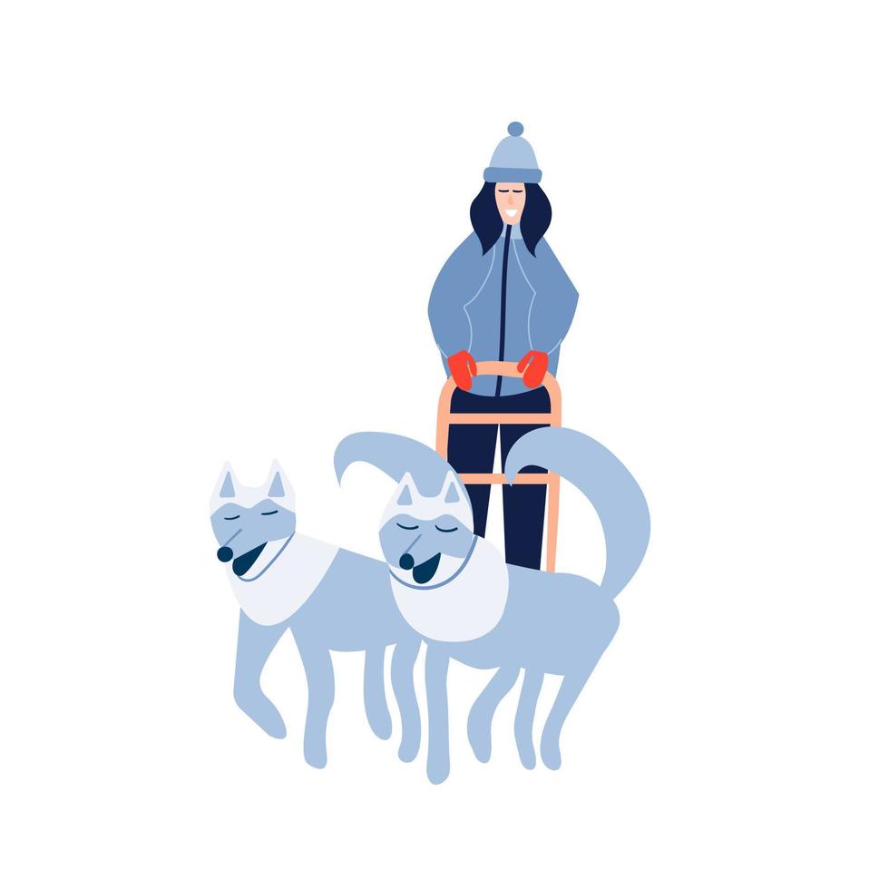 femme musher équitation traîneau à chiens équipe. une femme heureuse chevauche un traîneau à chiens d'équipe husky. illustration vectorielle de stock. vecteur