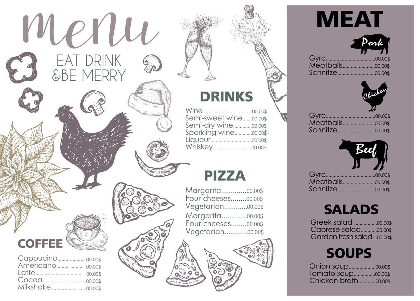 menus de noël. modèle de conception. illustration vectorielle dessinée à la main. vecteur