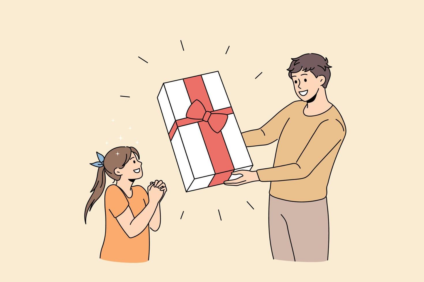 concept surprise et cadeau de vacances. souriant jeune homme père debout et donnant une énorme boîte cadeau avec ruban pour sa fille surprise illustration vectorielle vecteur