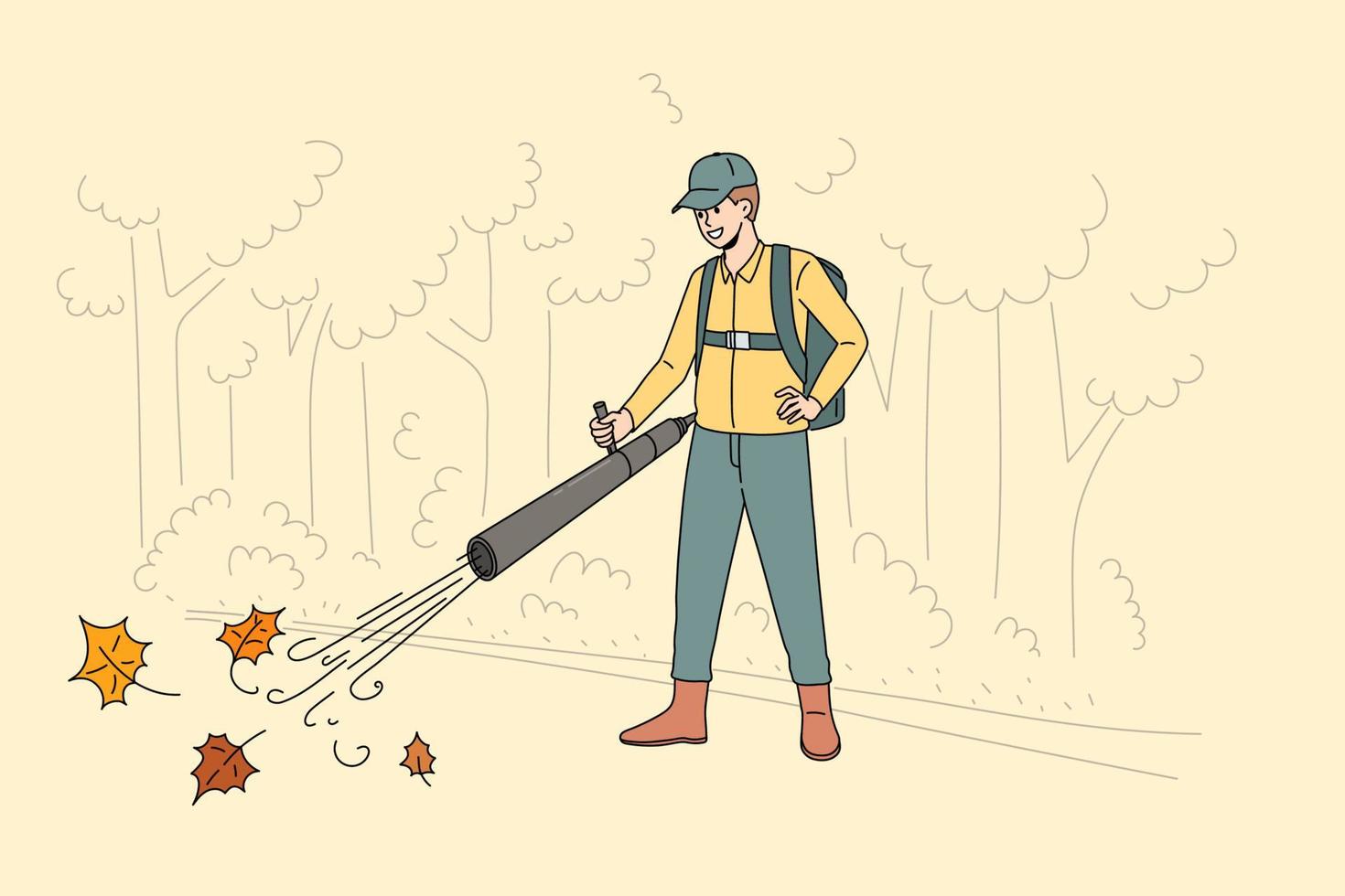 parc de nettoyage du concept de feuilles mortes. jeune homme souriant travailleur personnage de dessin animé en uniforme debout et nettoyant l'aspirateur les feuilles mortes dans l'illustration vectorielle du parc vecteur