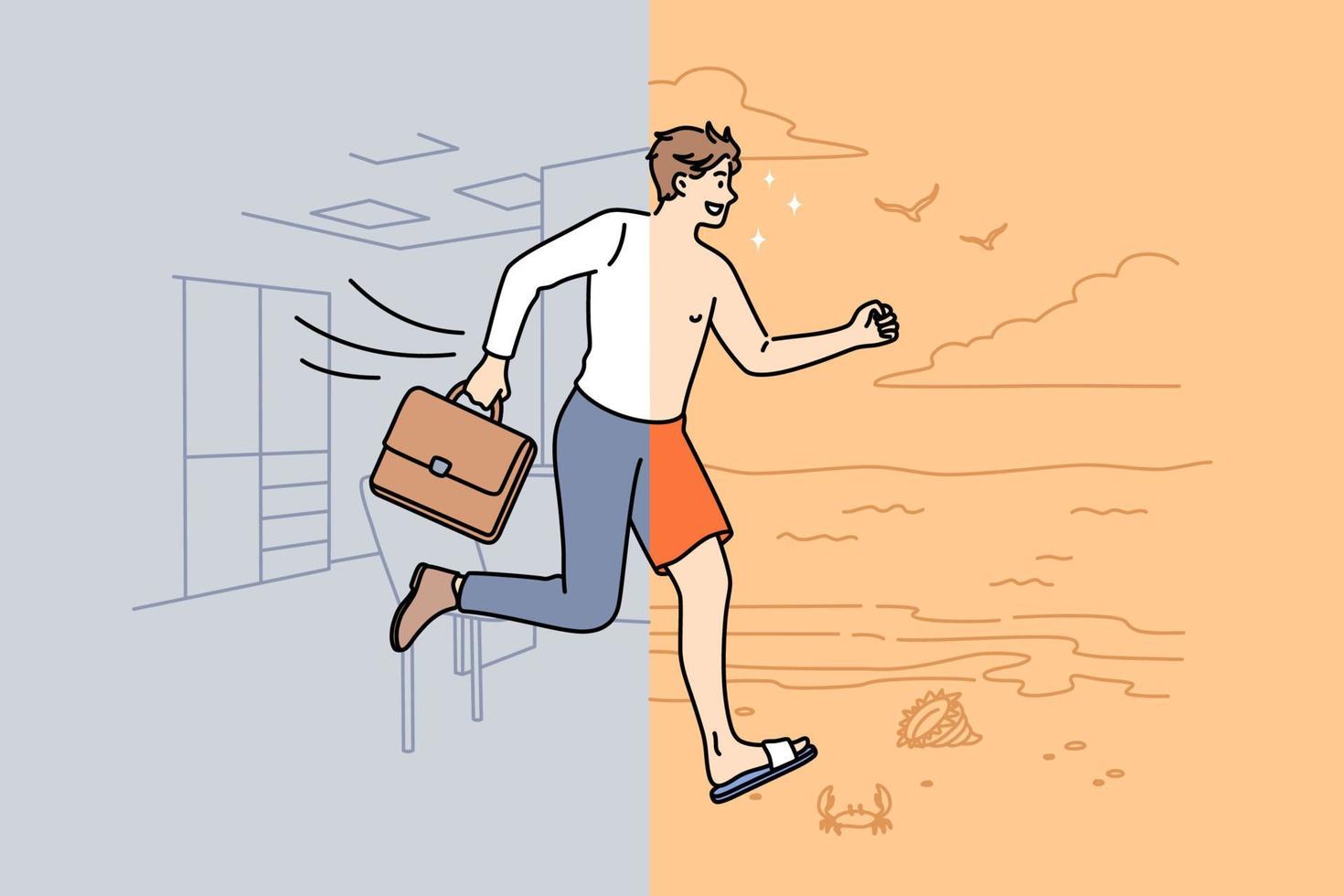 en attente de vacances et de concept de repos. jeune homme d'affaires souriant à moitié portant un costume officiel au bureau à moitié courant à la plage en illustration vectorielle de maillots de bain vecteur