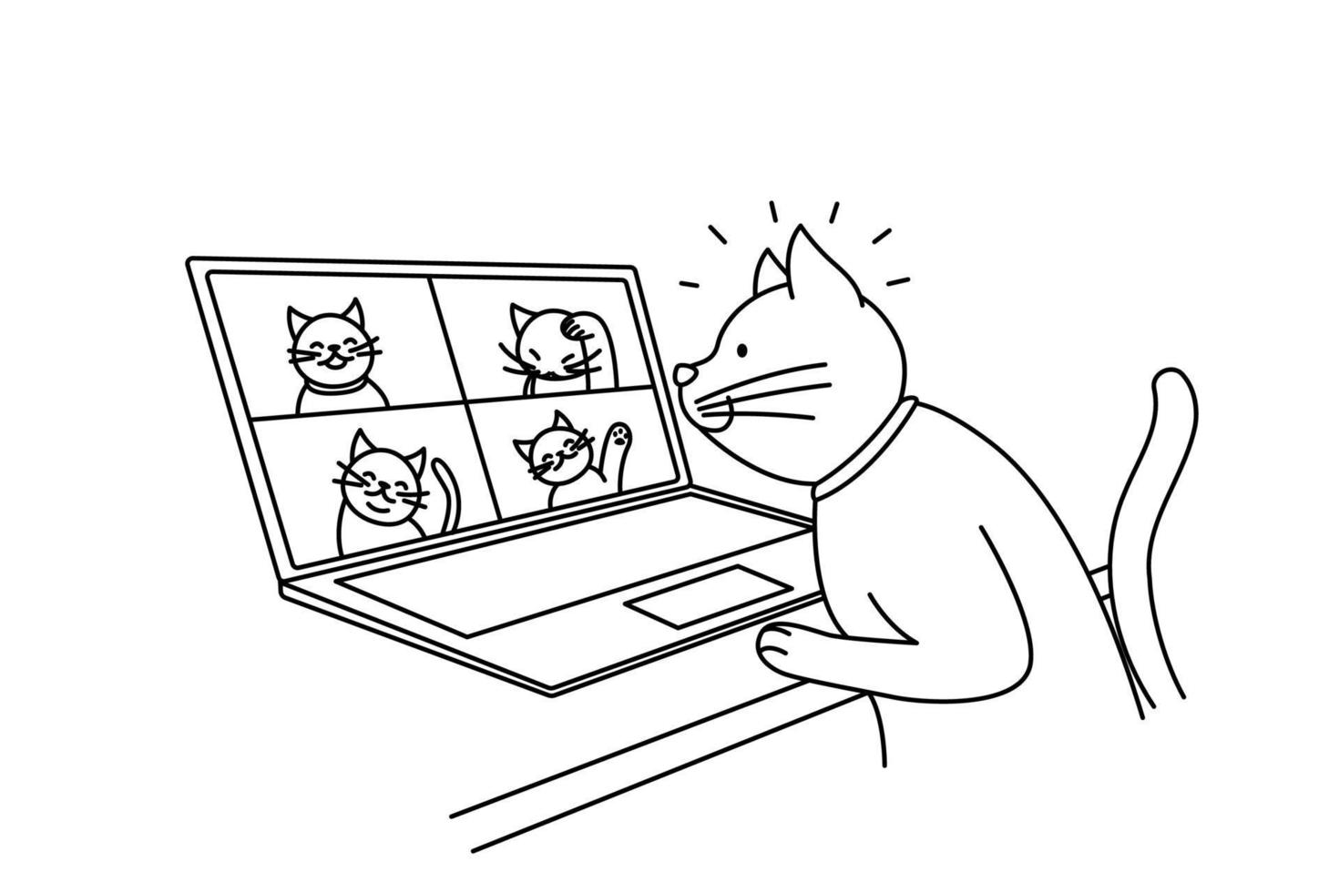 chat mignon parle en appel vidéo avec des chats sur ordinateur. animal de compagnie a une conversation webcam sur ordinateur portable avec des chatons. notion de technologie. illustration vectorielle. vecteur