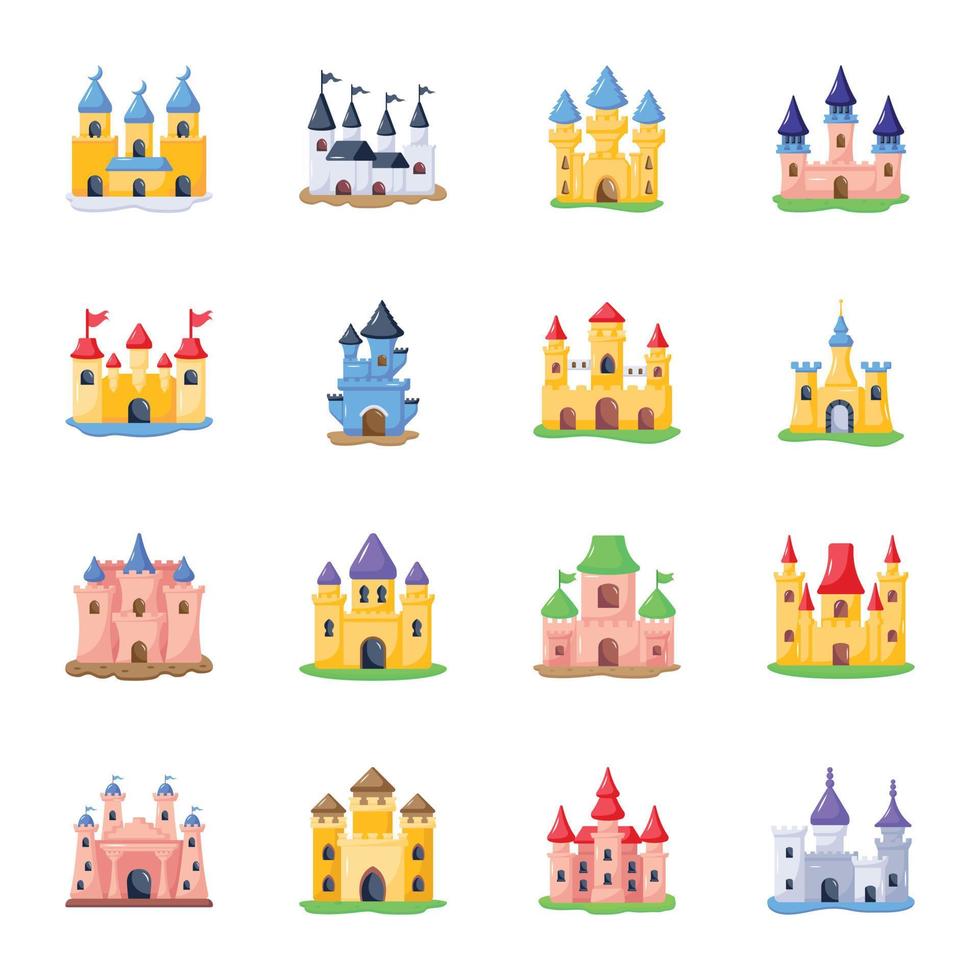 pack d'icônes plates de bâtiments de château vecteur