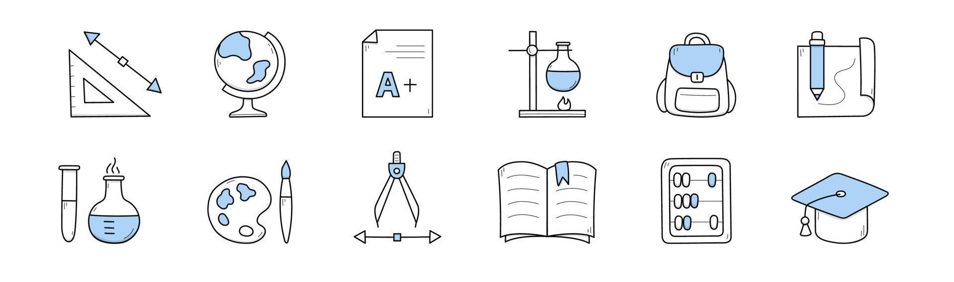 définir des icônes de doodle scolaire, des signes de contour de l'éducation vecteur