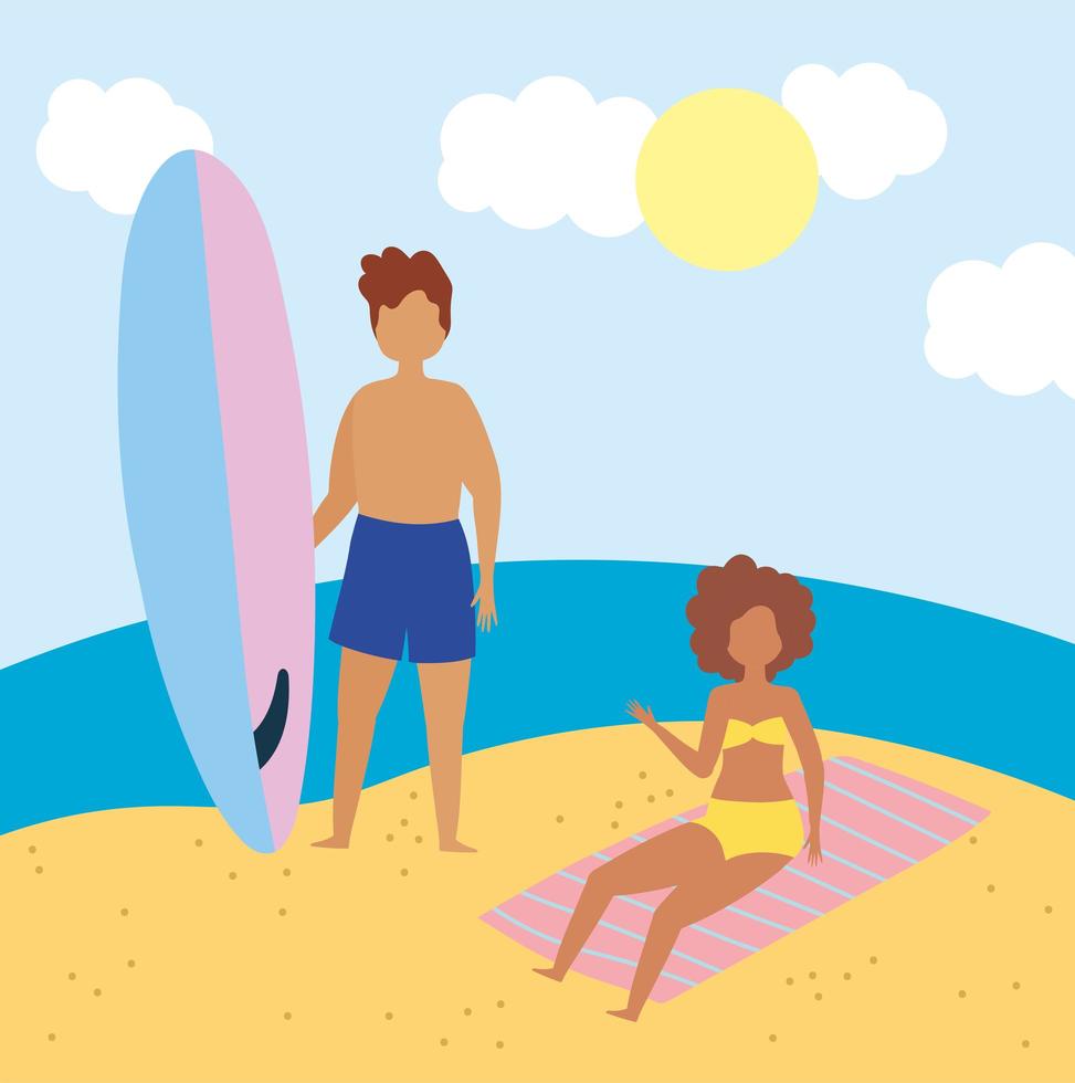 femme et homme avec planche de surf à la plage vecteur