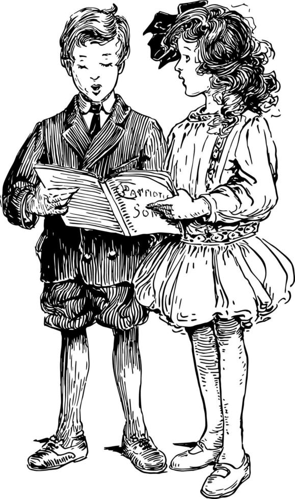 enfants chantant et tenant un livre de chœur, illustration vintage. vecteur