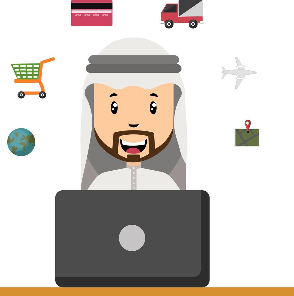 arabe avec ordinateur portable, illustration, vecteur sur fond blanc.