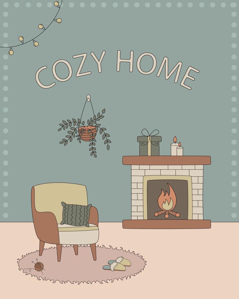 maison confortable. carte postale avec une cheminée, un fauteuil et une inscription. hygge. illustration vectorielle plate dessinée à la main. vecteur