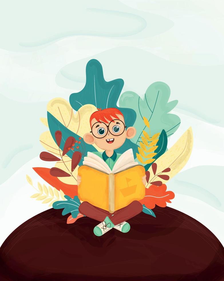 illustration vectorielle d'un garçon avec un livre. garçon rousse avec des lunettes et un manuel assis sur l'herbe. vecteur