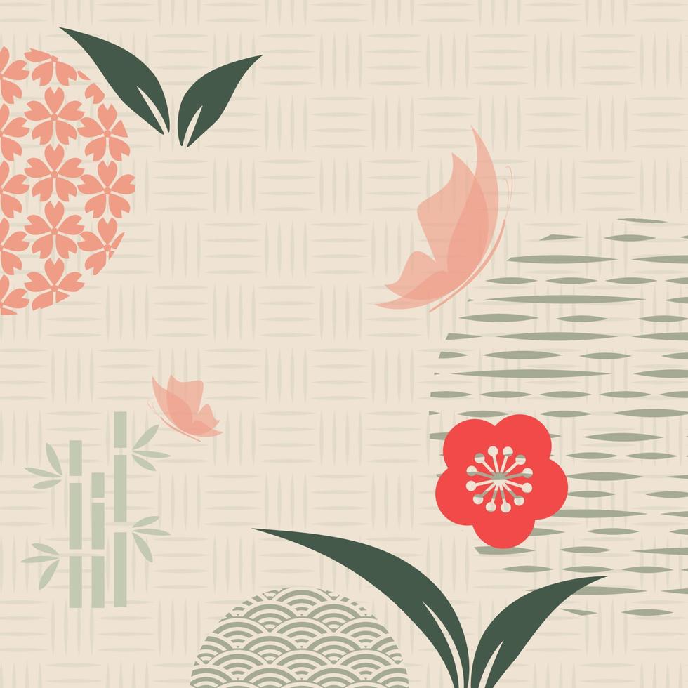 cadre fleuri. motif japonais. célébration florale dans le style graphique chinois. carte d'invitation avec des symboles géométriques. fond asiatique. style rétro. vecteur