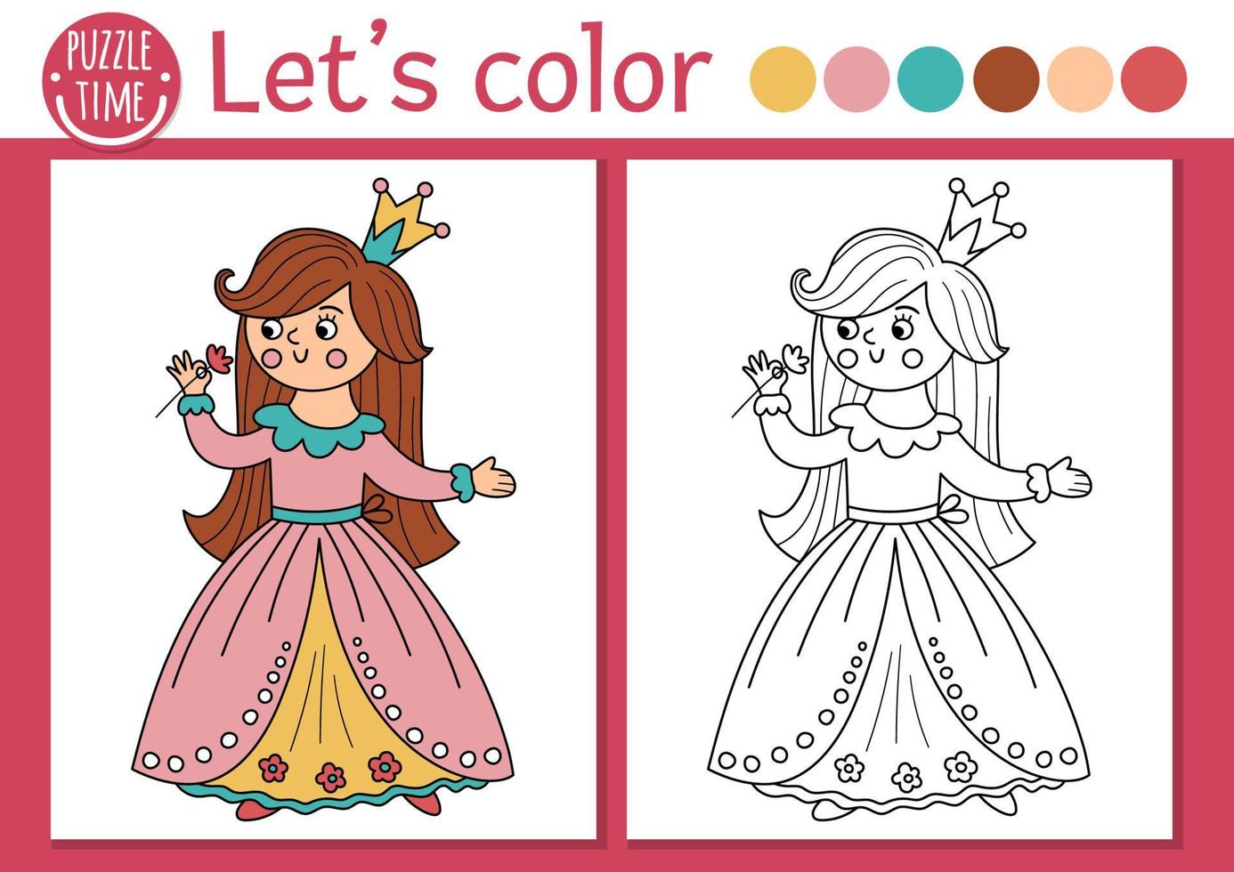 coloriage royaume magique pour enfants avec princesse. illustration vectorielle de contour de conte de fées avec une jolie fille fantastique. livre de couleurs pour les enfants avec exemple coloré. feuille de travail imprimable sur les compétences en dessin vecteur