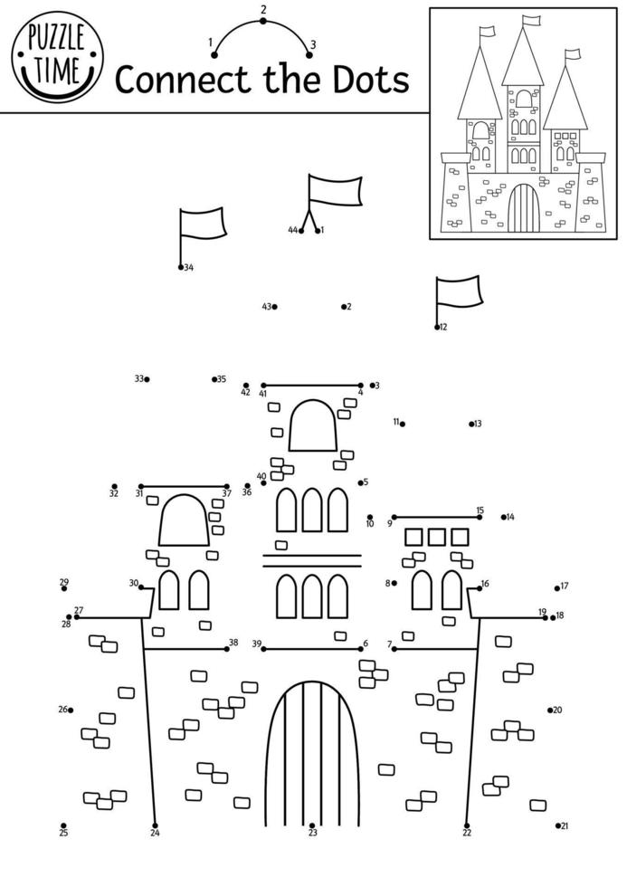 image vectorielle activité point à point et couleur avec joli château. Magic Kingdom relie le jeu de points pour les enfants avec King House. coloriage de conte de fées pour les enfants. feuille de calcul imprimable vecteur