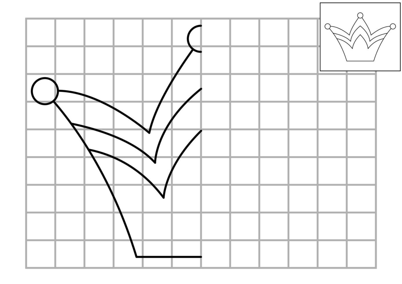 compléter l'image de la couronne. feuille de travail de pratique de dessin symétrique de conte de fées de vecteur. activité imprimable en noir et blanc pour les enfants d'âge préscolaire. copier l'image jeu sur le thème du royaume magique vecteur