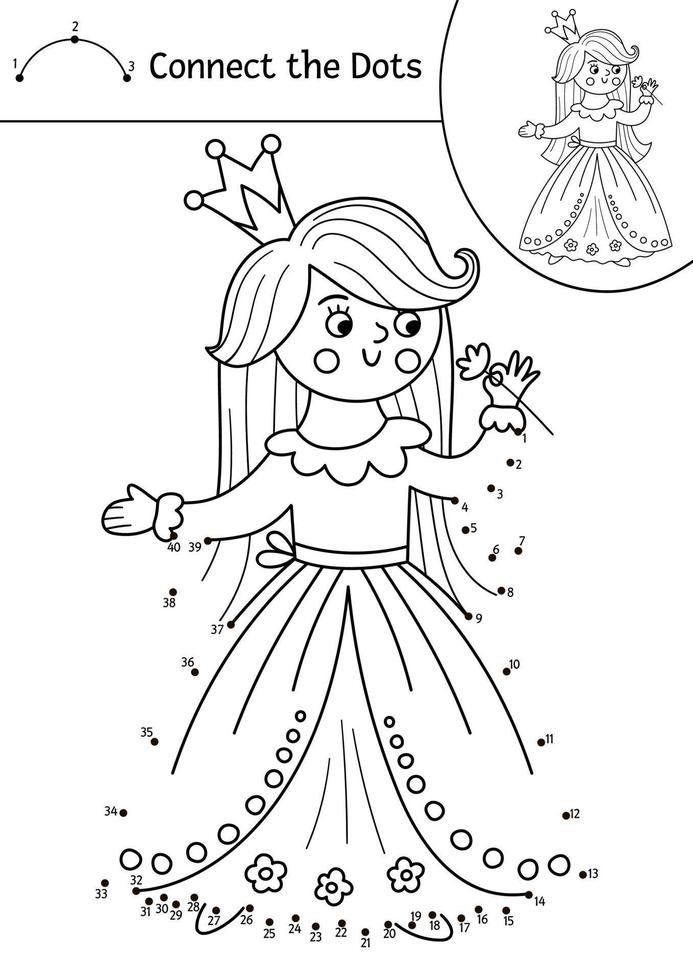 image vectorielle activité point à point et couleur avec jolie princesse et fleur. Magic Kingdom relie le jeu de points pour les enfants avec une fille. coloriage de conte de fées pour les enfants. feuille de calcul imprimable fantaisie vecteur