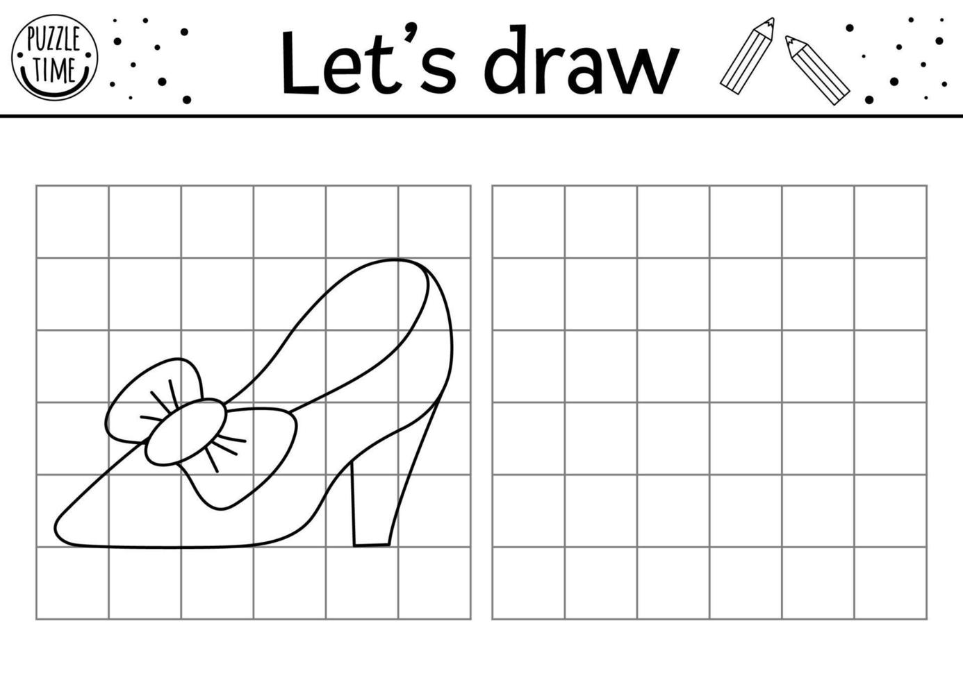 Complétez l'image de la chaussure de princesse. feuille de travail de pratique de dessin de conte de fées de vecteur. activité imprimable en noir et blanc pour les enfants d'âge préscolaire. copier l'image jeu sur le thème du royaume magique vecteur