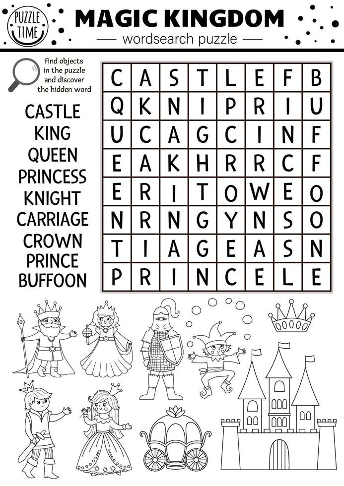 puzzle de recherche de mots noir et blanc de conte de fées de vecteur pour les enfants. Mots croisés ou coloriage du royaume magique avec des créatures fantastiques. activité avec chevalier, château, princesse, roi. mot croisé de conte de fées