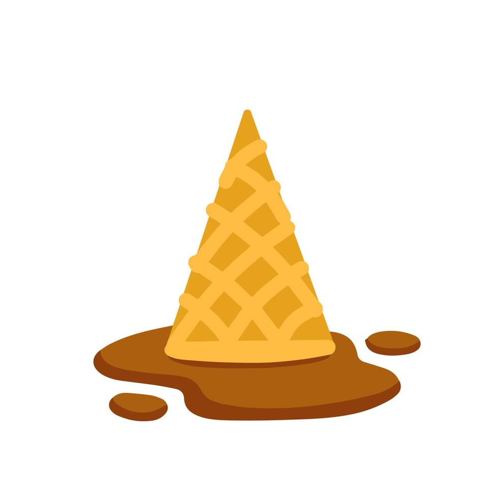 crème glacée fondue en cône. le dessert est tombé par terre. flaque de chocolat sucré. illustration de dessin animé plat vecteur