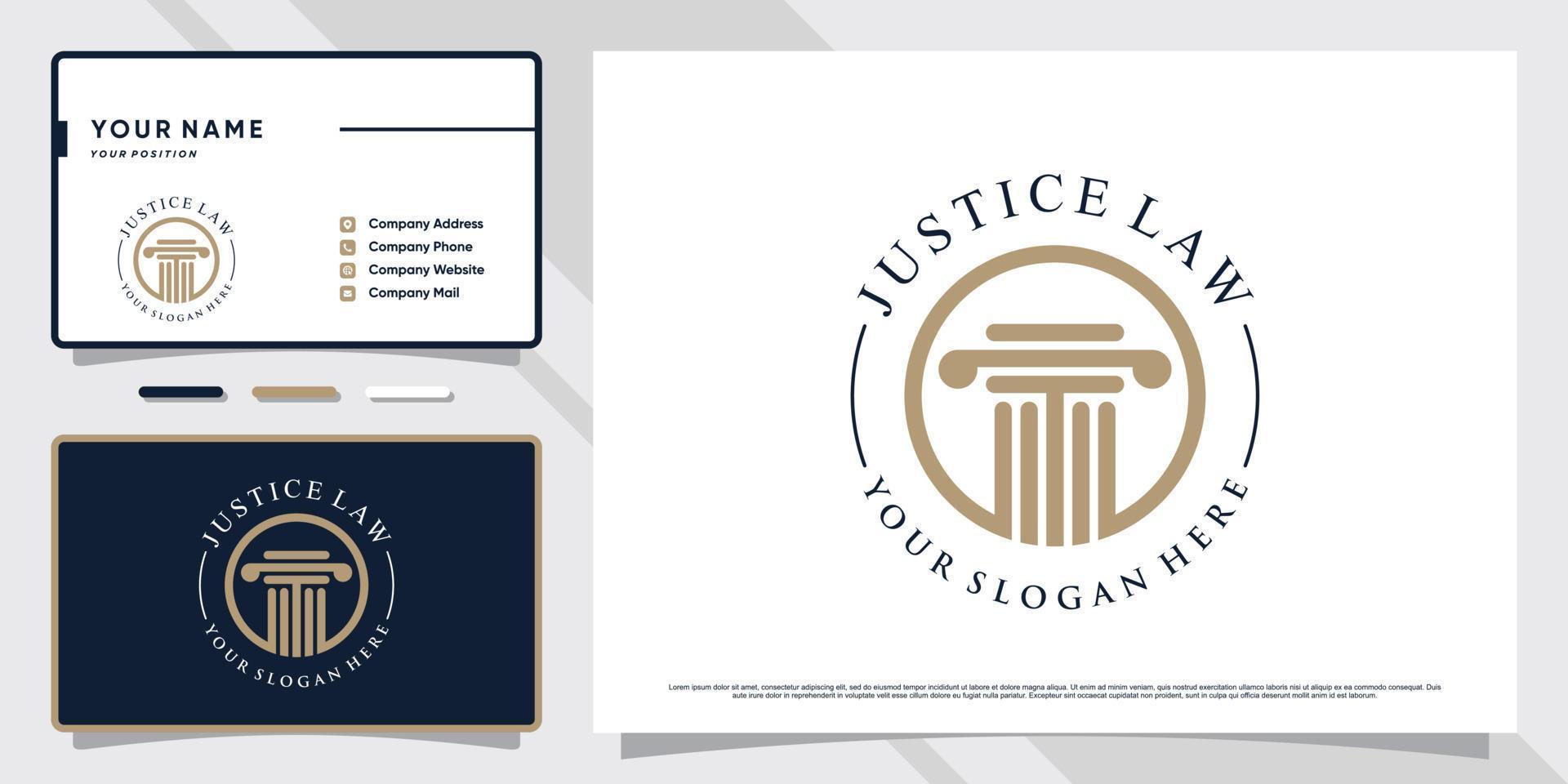 symbole de la création de logo de droit de la justice pour avocat avec concept d'emblème et modèle de carte de visite vecteur