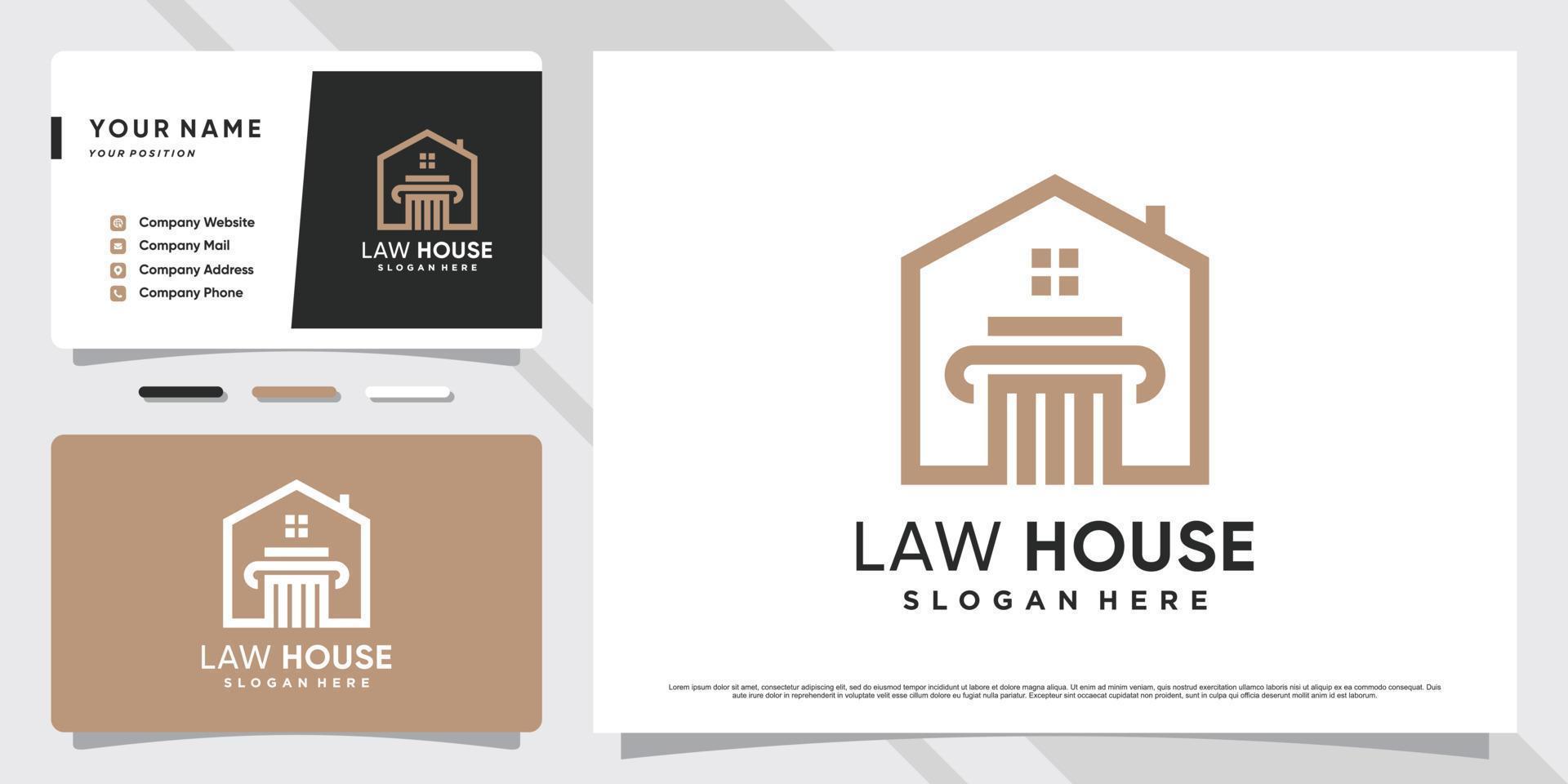 création de logo de droit pour bureau d'avocat avec icône de maison et modèle de carte de visite vecteur
