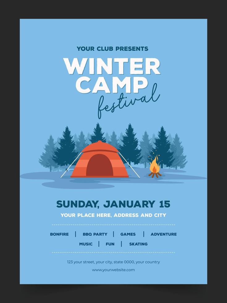 affiche verticale de camping d'hiver illustré plat moderne. publications sur les réseaux sociaux du camp d'hiver. modèle de flyer ou brochure de camping d'hiver plat vecteur