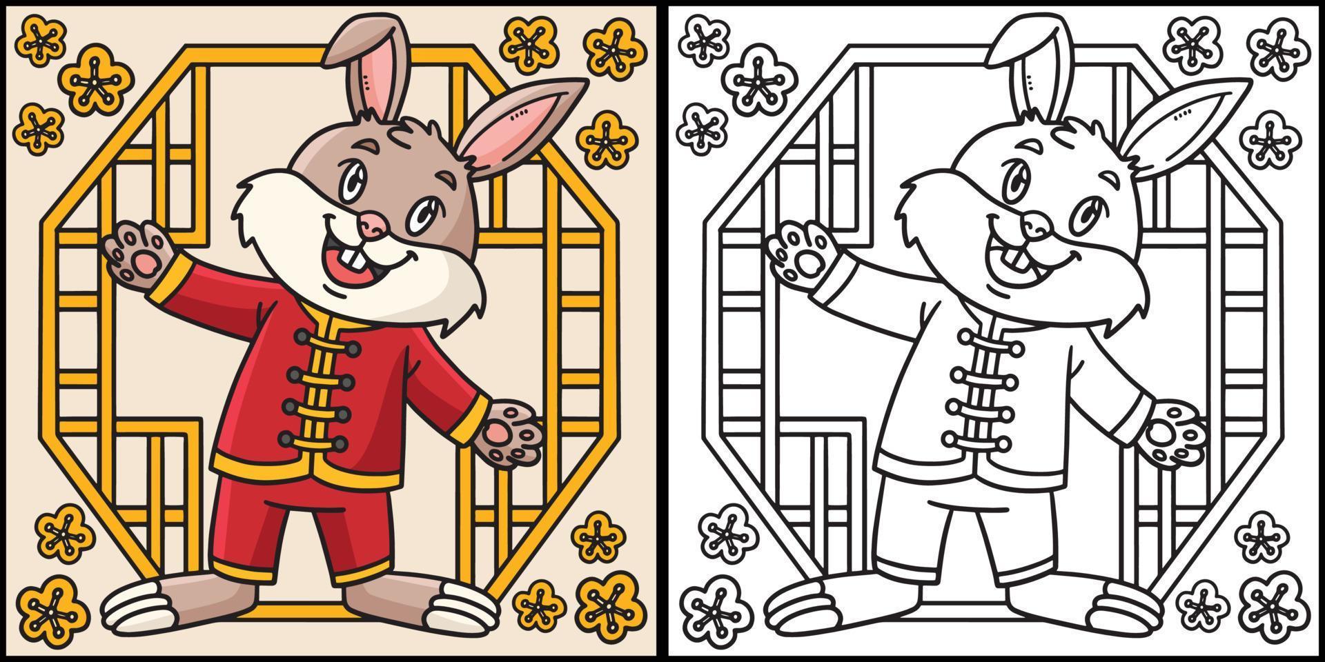 illustration de page de coloriage de tenue chinoise de lapin vecteur