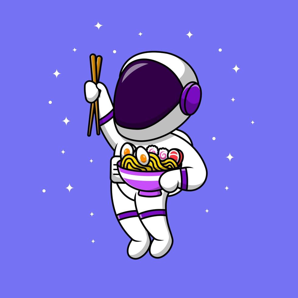 un astronaute mignon apporte des nouilles ramen dans l'illustration d'icônes vectorielles de dessin animé spatial. concept de dessin animé plat. adapté à tout projet créatif. vecteur