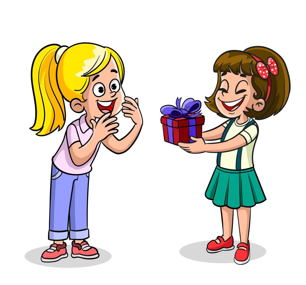 petite fille souriante enfant donnant une boîte-cadeau d'arc de ruban d'anniversaire de fille. personnage de dessin animé pour enfants enfant excité recevant un cadeau de sa petite amie. l'enfant remet le cadeau de vacances. illustration vectorielle plane vecteur