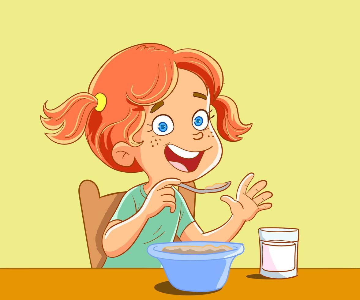 jolie fille prenant son petit déjeuner. illustration vectorielle de dessin animé. vecteur