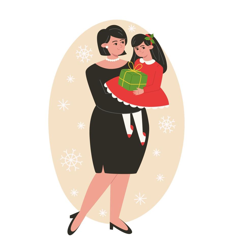 mère et fille à l'illustration de noël dans un style plat vecteur