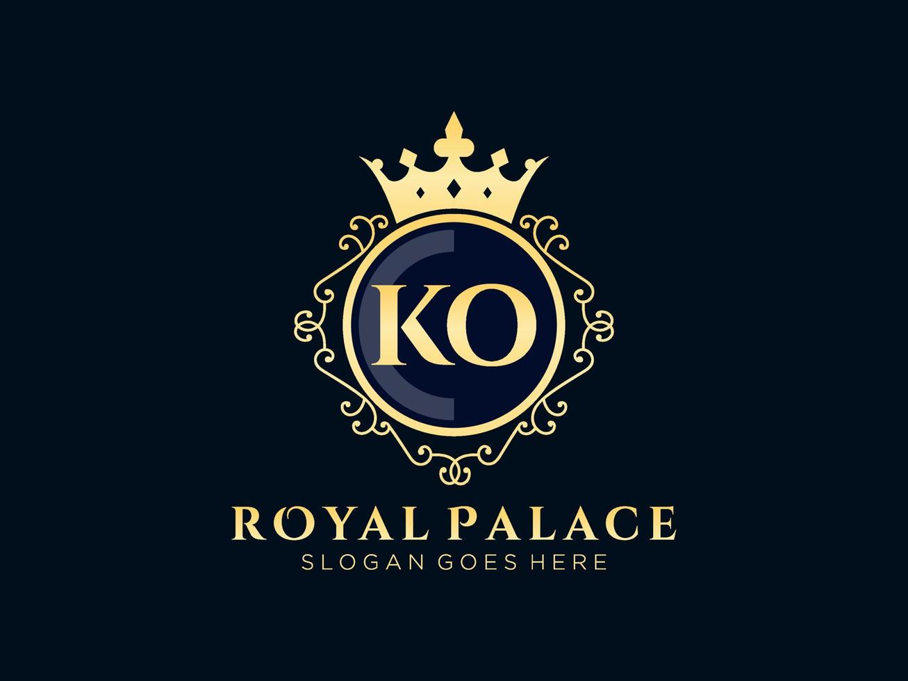 lettre ko logo victorien de luxe royal antique avec cadre ornemental. vecteur