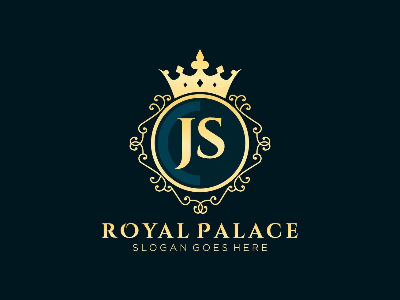 lettre js logo victorien de luxe royal antique avec cadre ornemental. vecteur