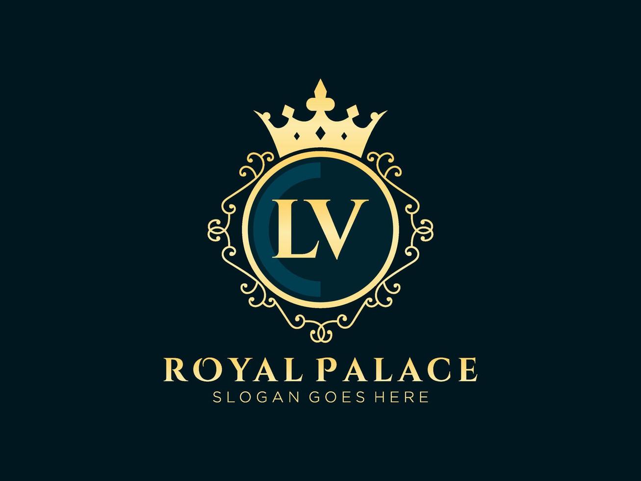 lettre lv logo victorien de luxe royal antique avec cadre ornemental. vecteur