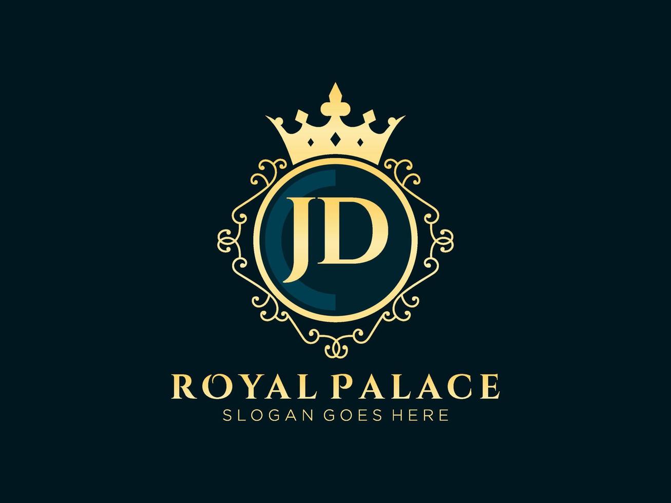 lettre jd logo victorien de luxe royal antique avec cadre ornemental. vecteur