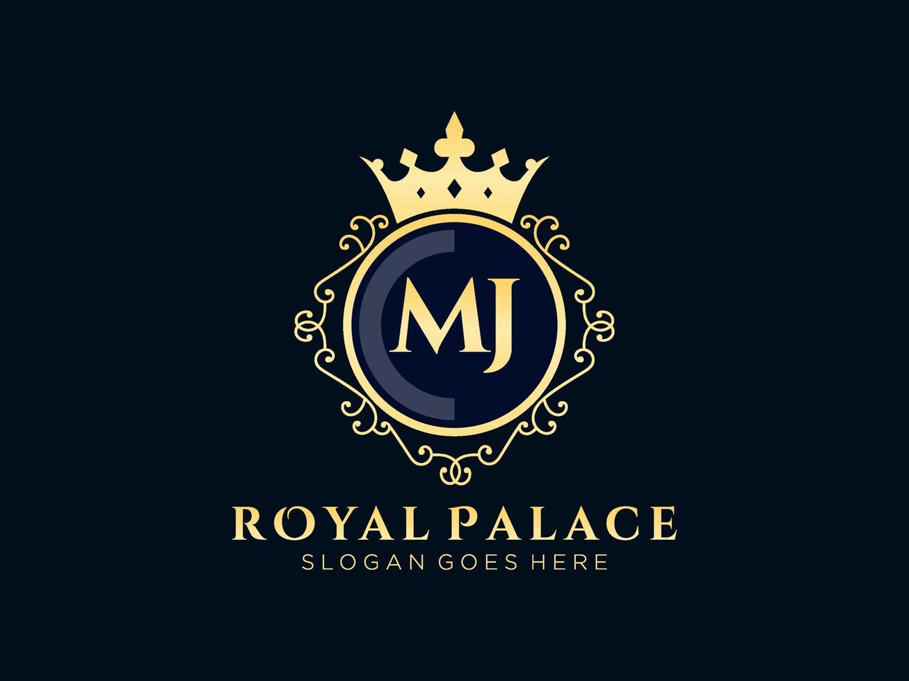 lettre mj logo victorien de luxe royal antique avec cadre ornemental. vecteur