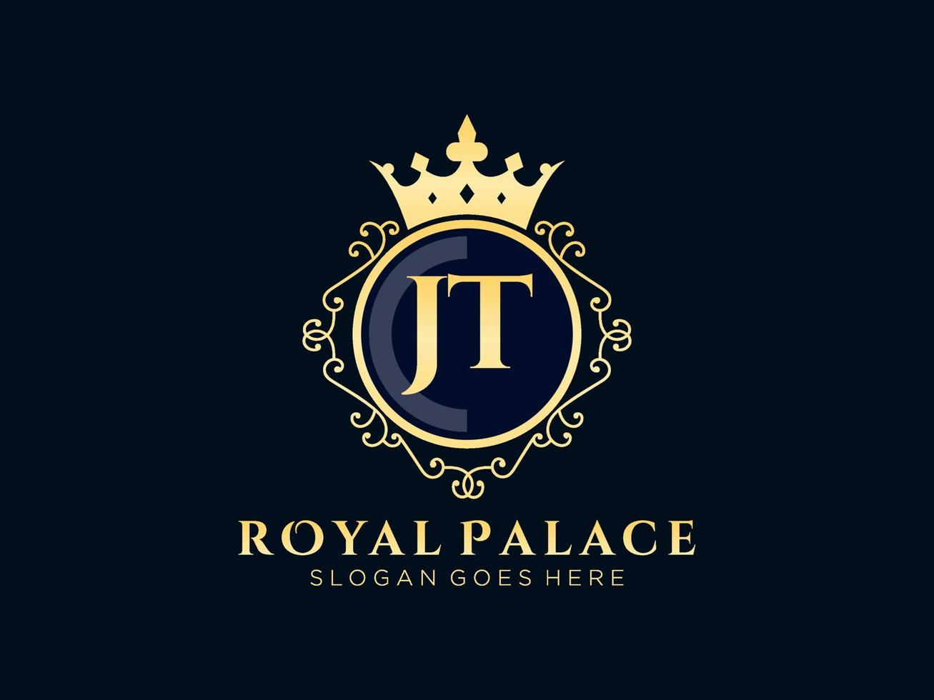 lettre jt logo victorien de luxe royal antique avec cadre ornemental. vecteur