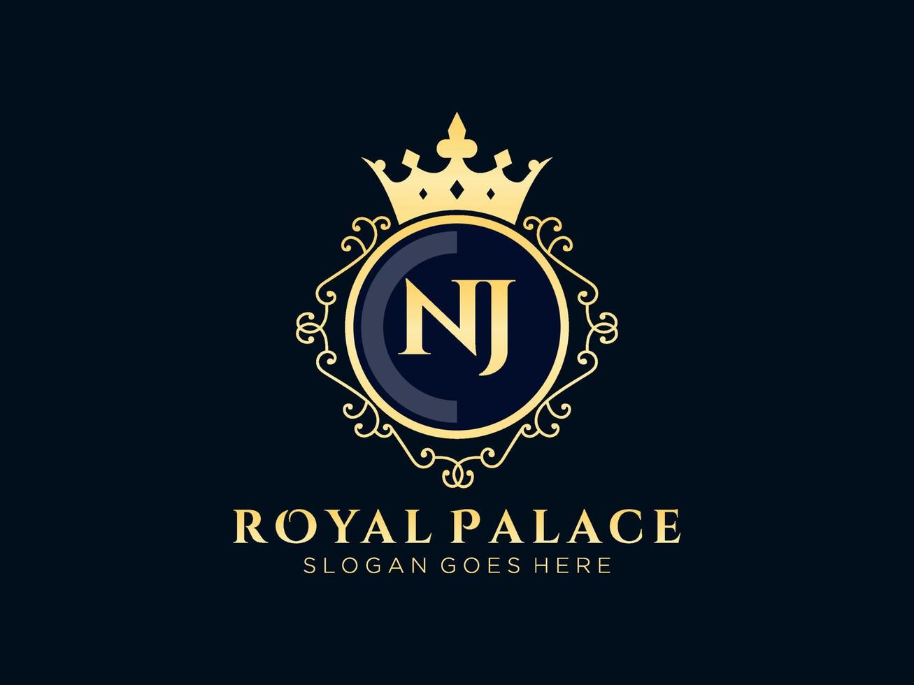 lettre nj logo victorien de luxe royal antique avec cadre ornemental. vecteur