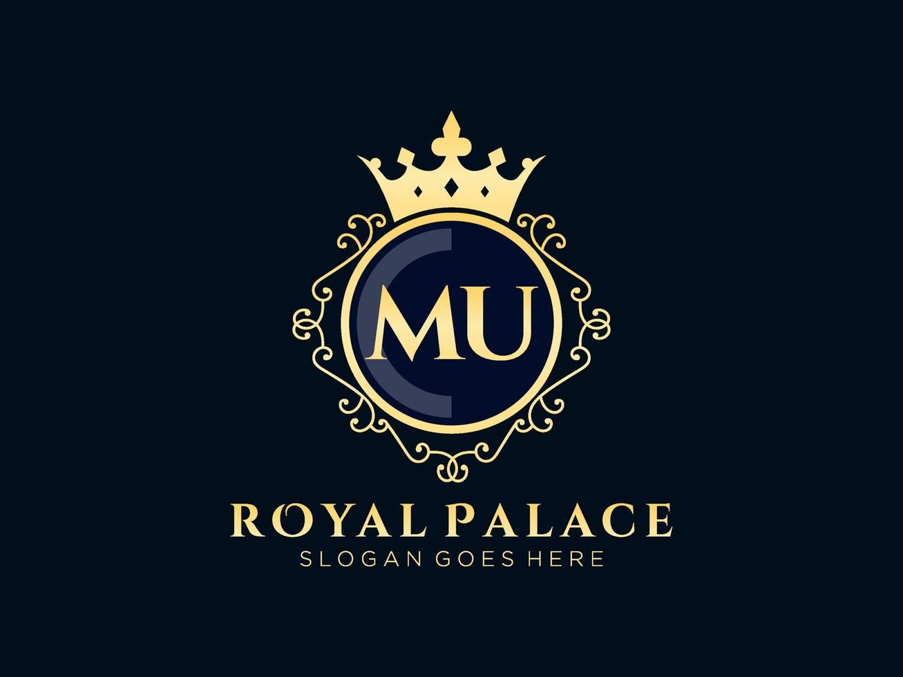 lettre mu logo victorien de luxe royal antique avec cadre ornemental. vecteur