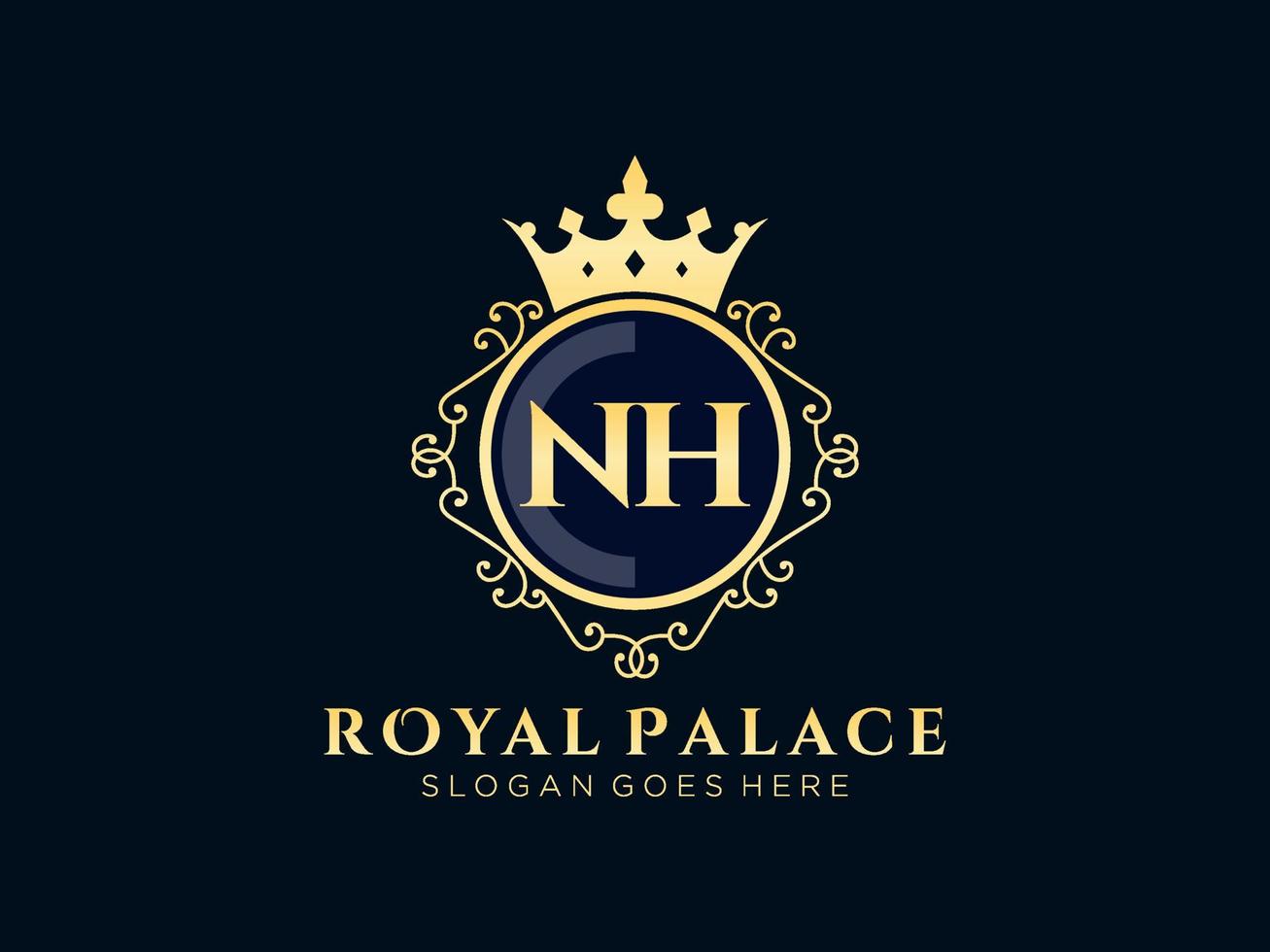 lettre nh logo victorien de luxe royal antique avec cadre ornemental. vecteur