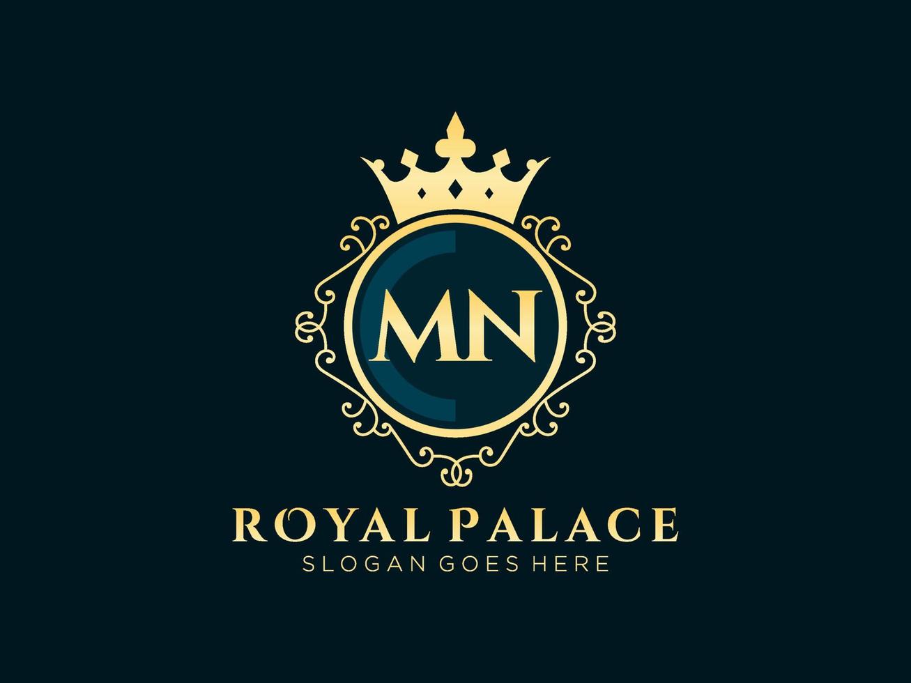 lettre mn logo victorien de luxe royal antique avec cadre ornemental. vecteur