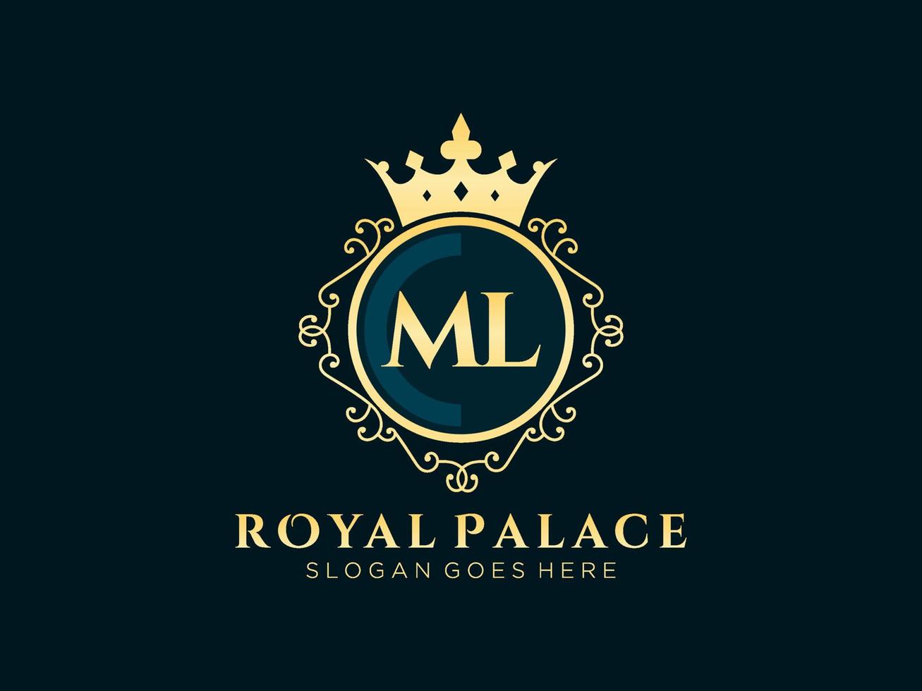 lettre ml logo victorien de luxe royal antique avec cadre ornemental. vecteur