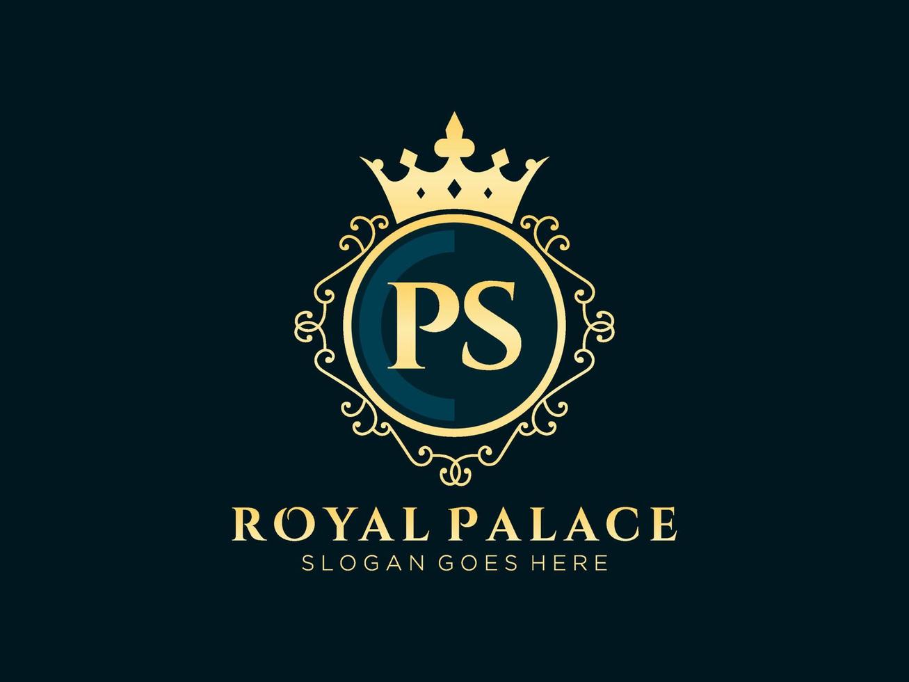 lettre ps logo victorien de luxe royal antique avec cadre ornemental. vecteur