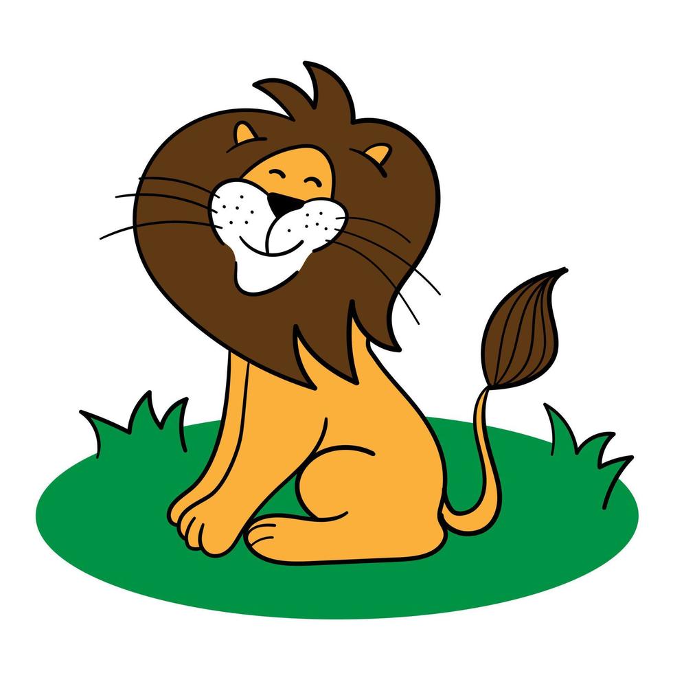 dessin animé mignon de lion. un lion souriant est assis sur l'herbe verte. dessin sur fond blanc vecteur