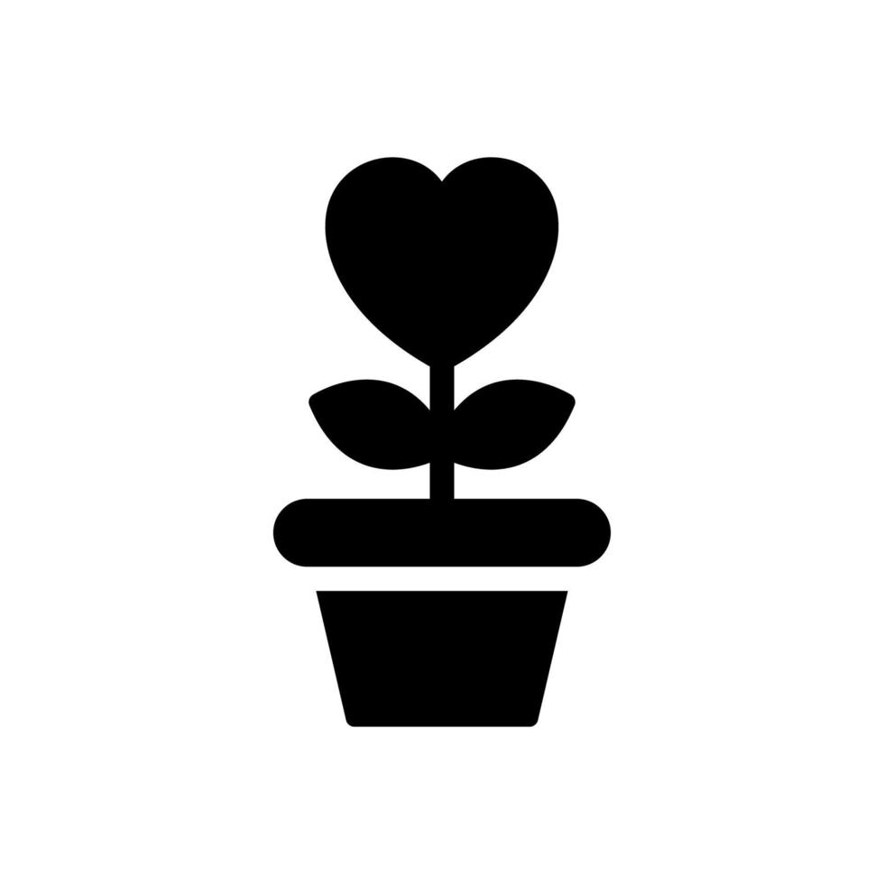 fleur en forme de coeur en pot avec icône de silhouette de feuille. pictogramme de symbole de charité, d'amour et de romance. la plante fleurie pousse dans l'icône noire du pot de fleurs. illustration vectorielle isolée. vecteur