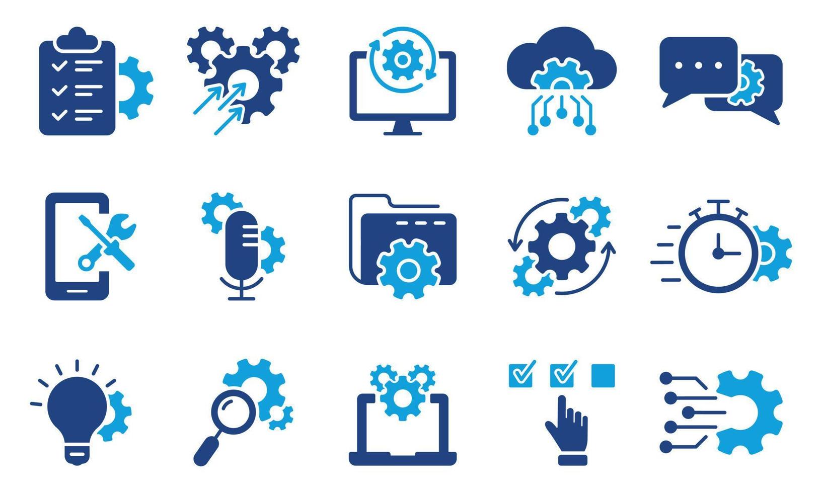 icône de silhouette de configuration technologique. icône de couleur de processus métier innovation. équipement, ordinateur, outil, pictogramme de réglage numérique de la bulle vocale. illustration vectorielle isolée. vecteur