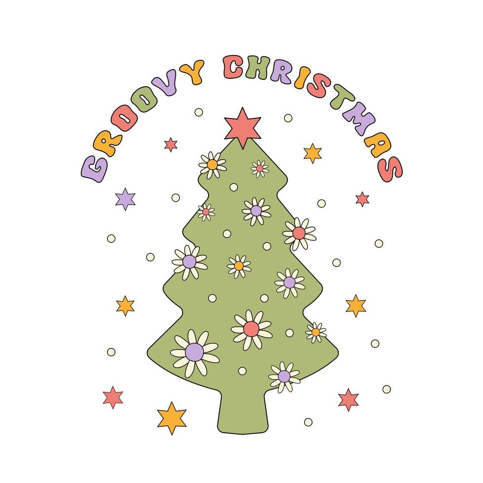illustration de vecteur de Noël groovy isolé sur fond blanc. impression ou affiche de noël dans le style rétro des années 60, 70. couleurs pastels