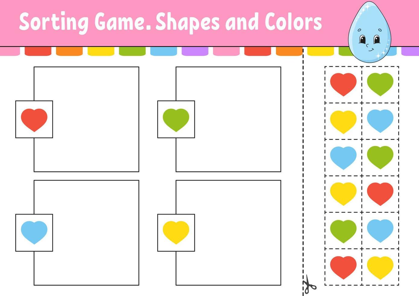 jeu de tri. formes et couleurs. couper et coller. feuille de travail de développement de l'éducation. jeu pour les enfants. page d'activité en couleur. casse-tête pour les enfants. personnage mignon. illustration vectorielle. style bande dessinée. vecteur