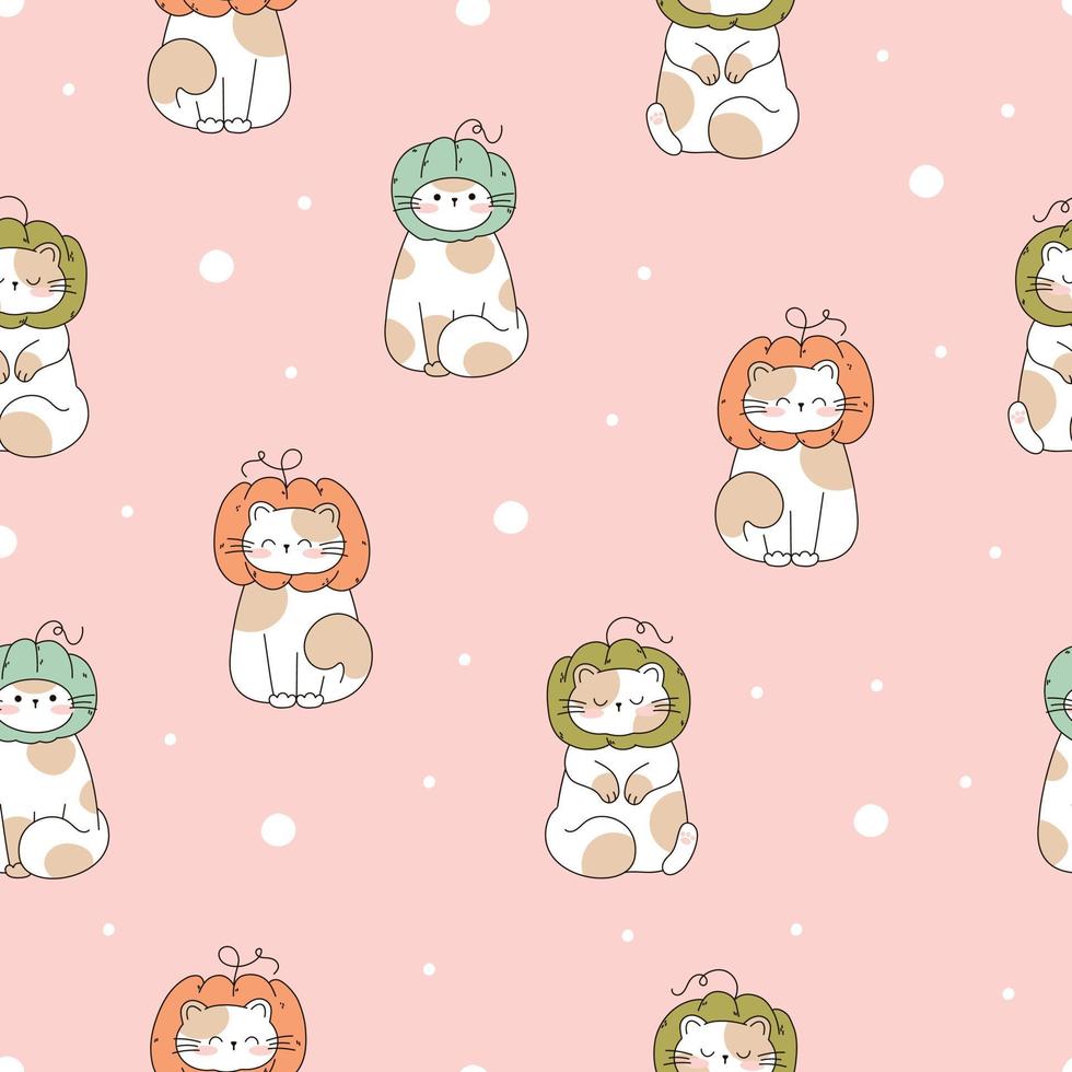 dessiner un motif sans couture avec des chats mignons thanksgiving automne automne et citrouilles sur fond pastel rose style dessin animé doodle vecteur