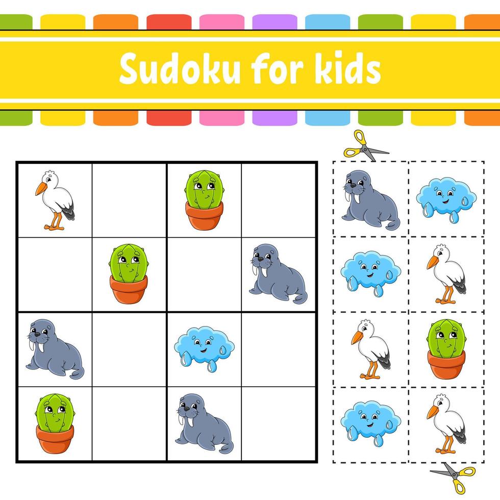 sudoku pour les enfants. feuille de travail de développement de l'éducation. page d'activité avec photos. jeu de puzzle pour les enfants. formation à la pensée logique. drôle de personnage. illustration vectorielle. vecteur