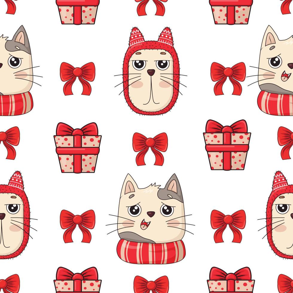 modèle sans couture avec des têtes de chats mignons gais de noël dans des chapeaux et des écharpes tricotés rose-rouge, des arcs et des cadeaux du nouvel an vecteur