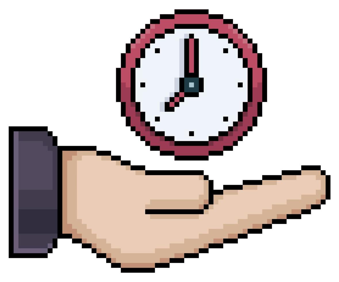pixel art main tenant l'icône de vecteur d'horloge pour le jeu 8bit sur fond blanc
